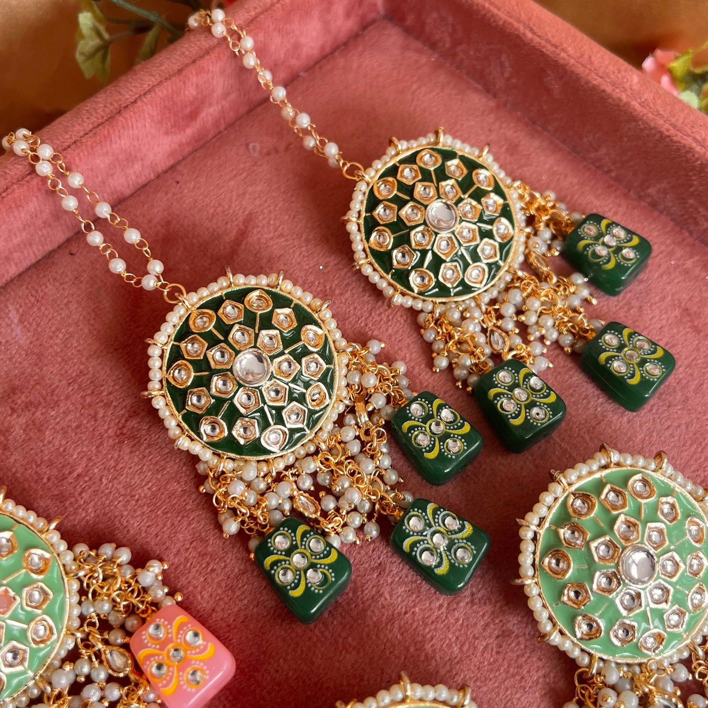 Green- Dice Design Faux Kundan Earring Indian Style Earring/ Pakistani Fashion/Party Earring. Gift for women