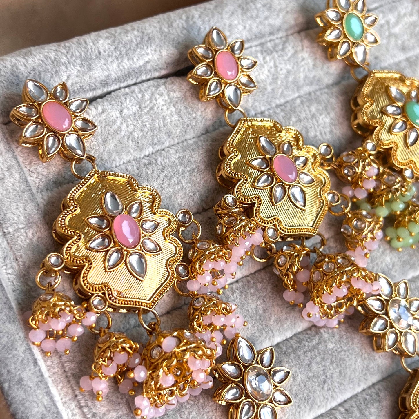 Medium Bright Gold Earring - Pink Indian Style Earring/ Pakistani Fashion/Party Earring. Gift for women