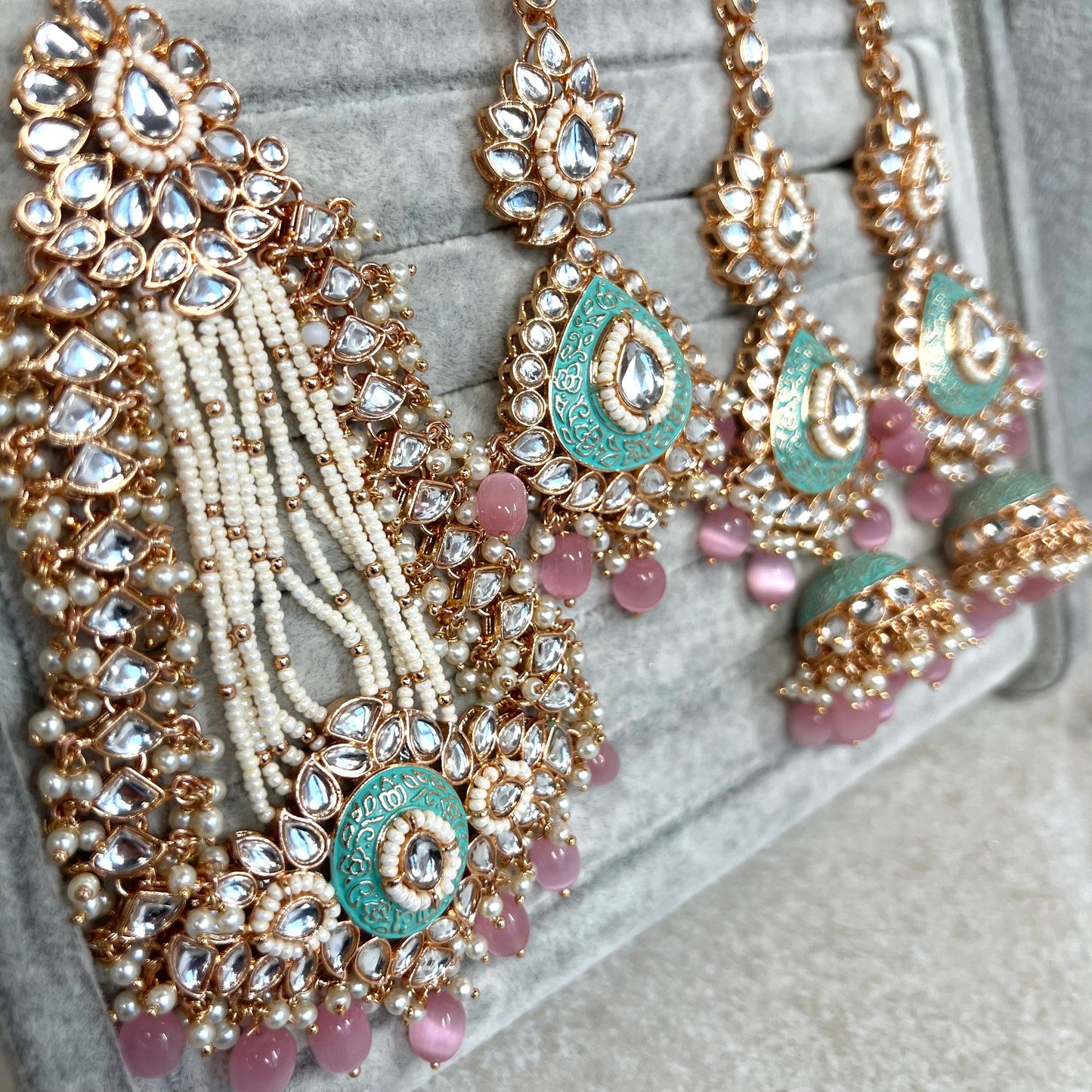 Faux Kundan Pastel Full Bridal Set/ Indian/ Pakistani Style/Necklace/ Choker/ Earring/ Tikka/ Mathapatti/Mala/Jhumar