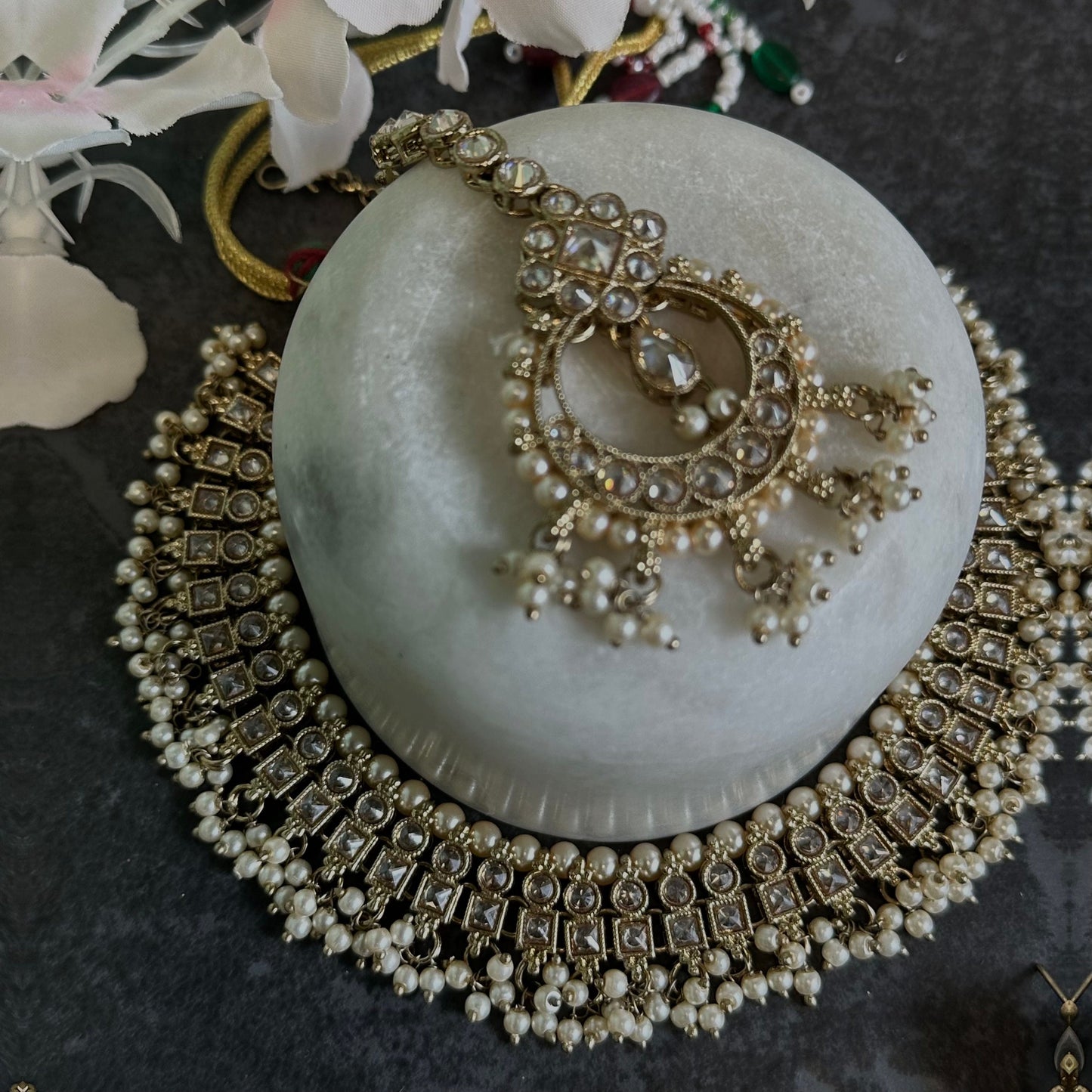 Crystal Golden Choker Set Earring/ Tikka/ Tikli/ Indian/ Pakistani/Fashion Jewellery/ Gift for Women