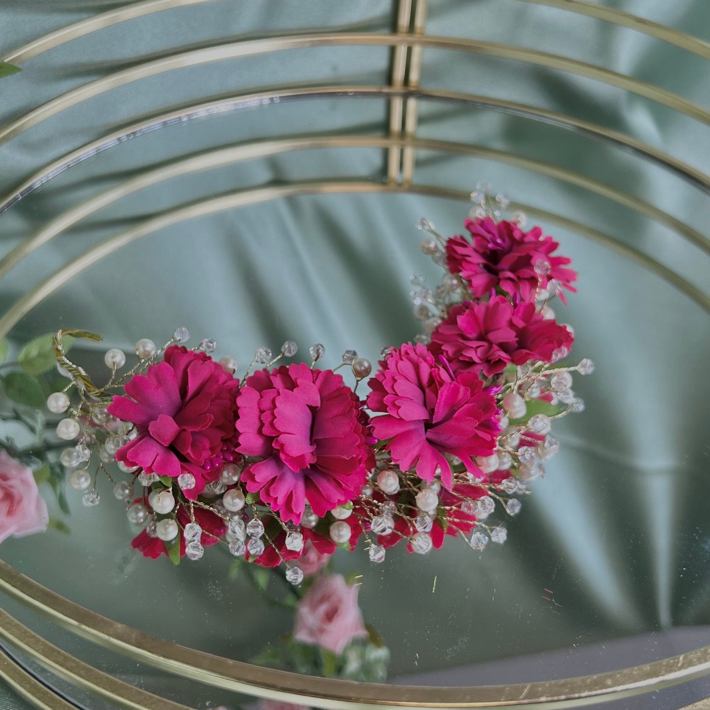 Ladies Floral Bun Gajra Artificial Flower Accessory - Crystal/Hot Pink/ Unique Style/ Indian/ Pakistani/Fashion Jewellery/ Gift for Women