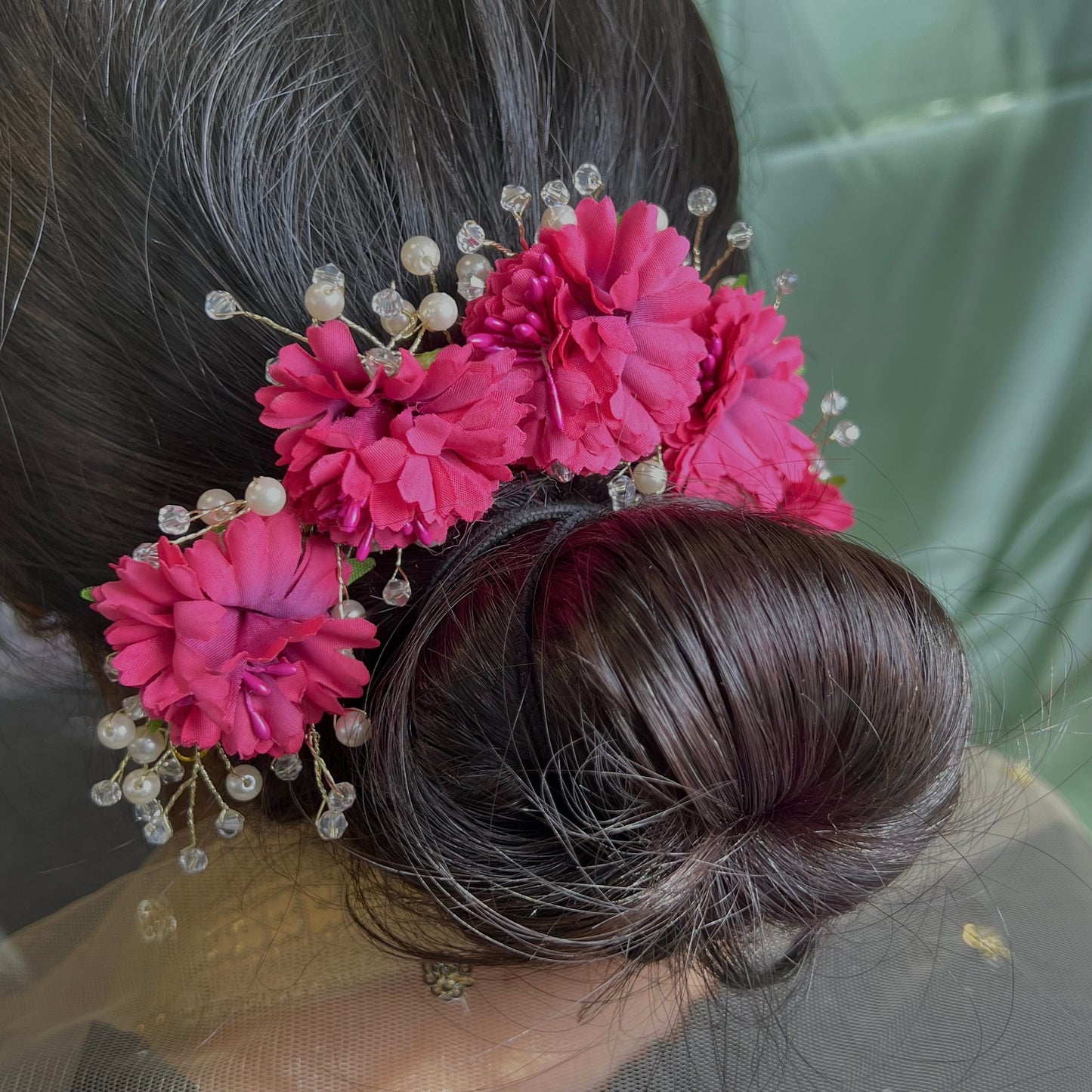 Ladies Floral Bun Gajra Artificial Flower Accessory - Crystal/Hot Pink/ Unique Style/ Indian/ Pakistani/Fashion Jewellery/ Gift for Women
