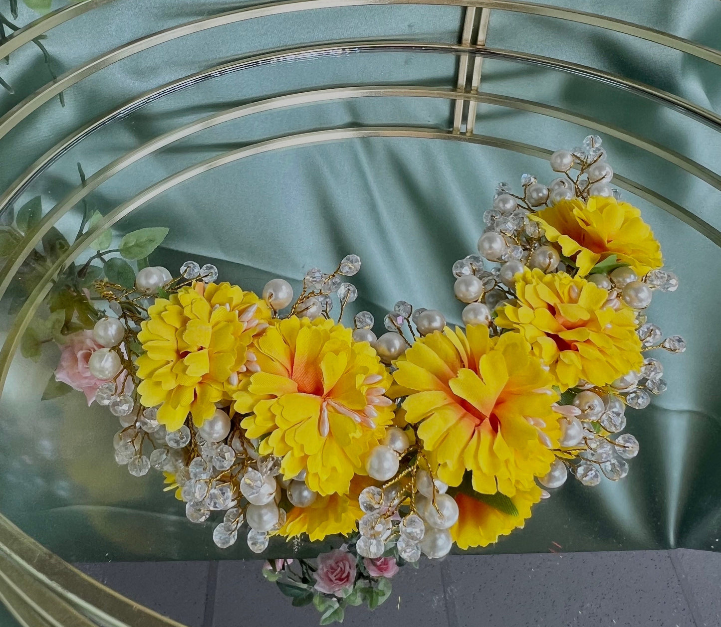 Ladies Floral Bun Gajra Artificial Flower Accessory - Pearl/Yellow/ Unique Style/ Indian/ Pakistani/Fashion Jewellery/ Gift for Women