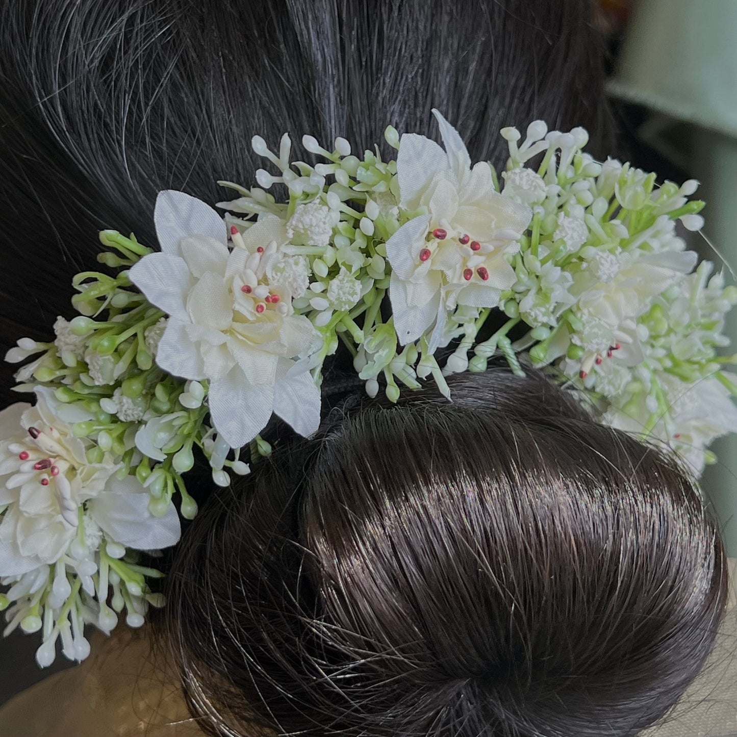 Ladies Floral Bun Gajra Artificial Flower Accessory - White/Mint Unique Style/ Indian/ Pakistani/Fashion Jewellery/ Gift for Women
