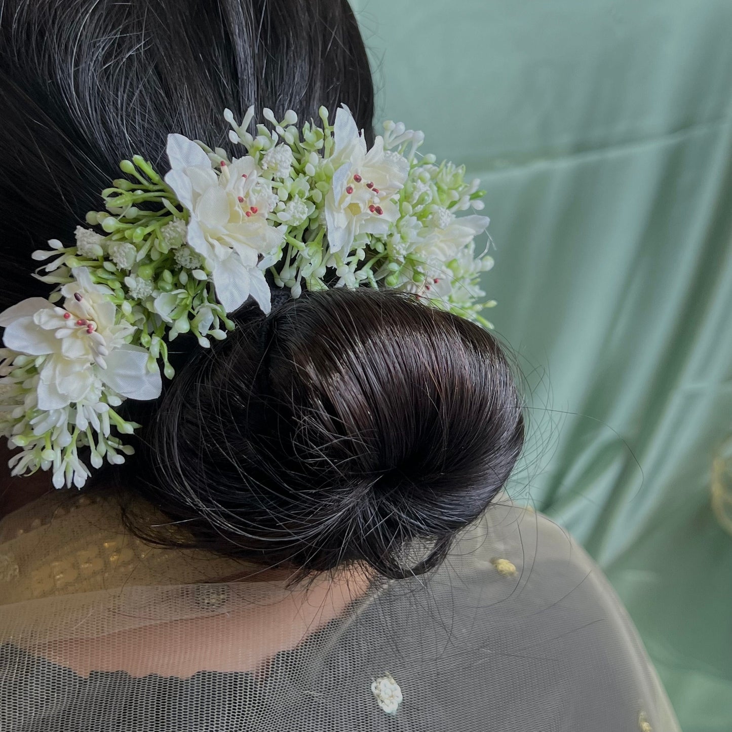 Ladies Floral Bun Gajra Artificial Flower Accessory - White/Mint Unique Style/ Indian/ Pakistani/Fashion Jewellery/ Gift for Women