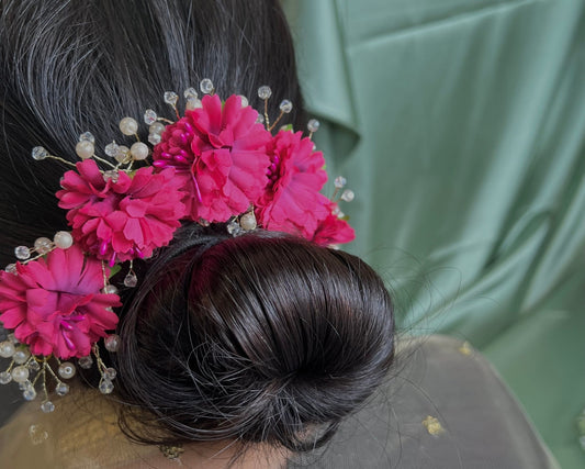 Ladies Floral Bun Gajra Artificial Flower Accessory - Crystal/Hot Pink/ Unique Style/ Indian/ Pakistani/Fashion Jewellery/ Gift for Women