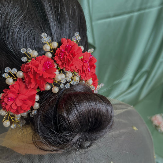 Ladies Floral Bun Gajra Artificial Flower Accessory - Crystal/Red/ Unique Style/ Indian/ Pakistani/Fashion Jewellery/ Gift for Women