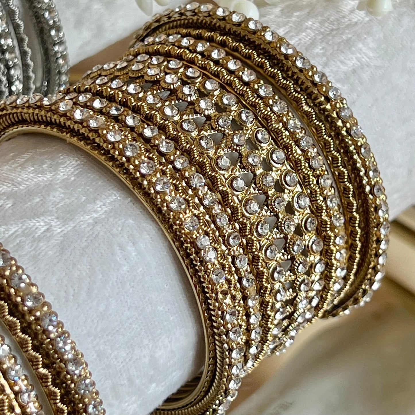 Clear Crystal Bangles for Both Arms - Antique Gold Base with Silver Rhinestone/Indian/ Pakistani/Jewelley/ Fashion Bracelet