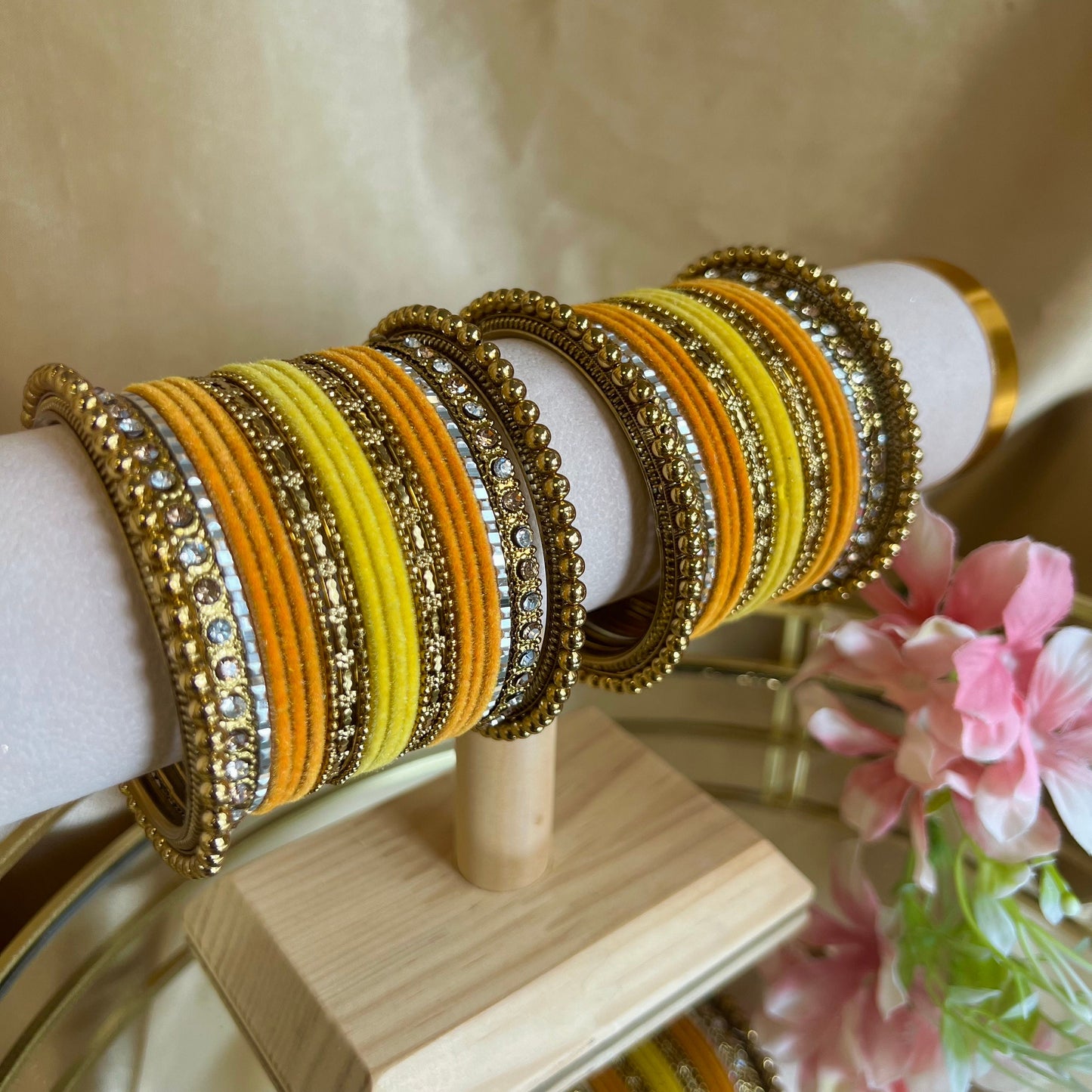 Small Yellow/ Orange Velvet Bangle Set/Indian/ Pakistani/Jewelley/ Fashion Bracelet