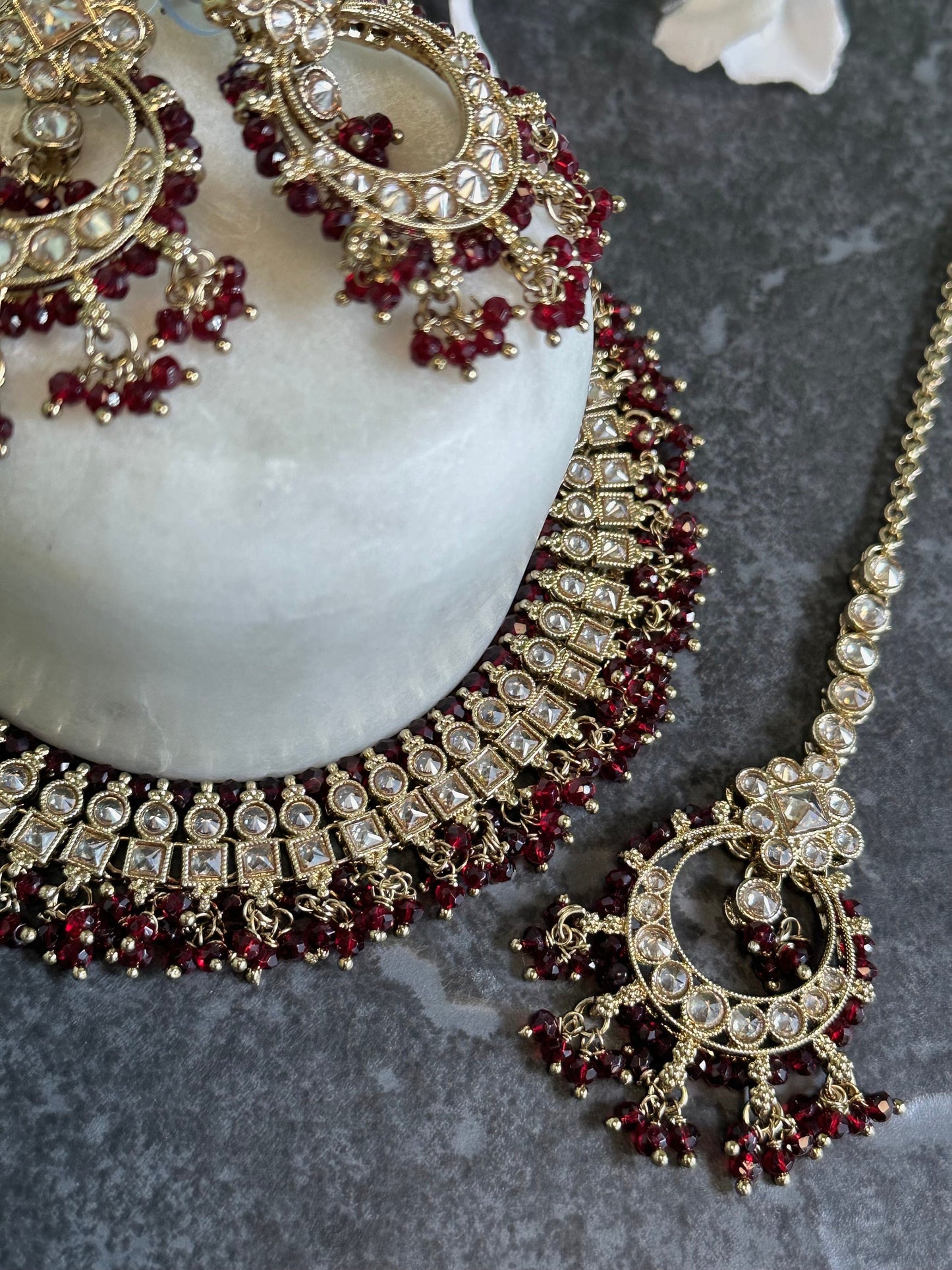 Maroon Crystal Choker Set Earring/ Tikka/ Tikli/ Indian/ Pakistani/Fashion Jewellery/ Gift for Women