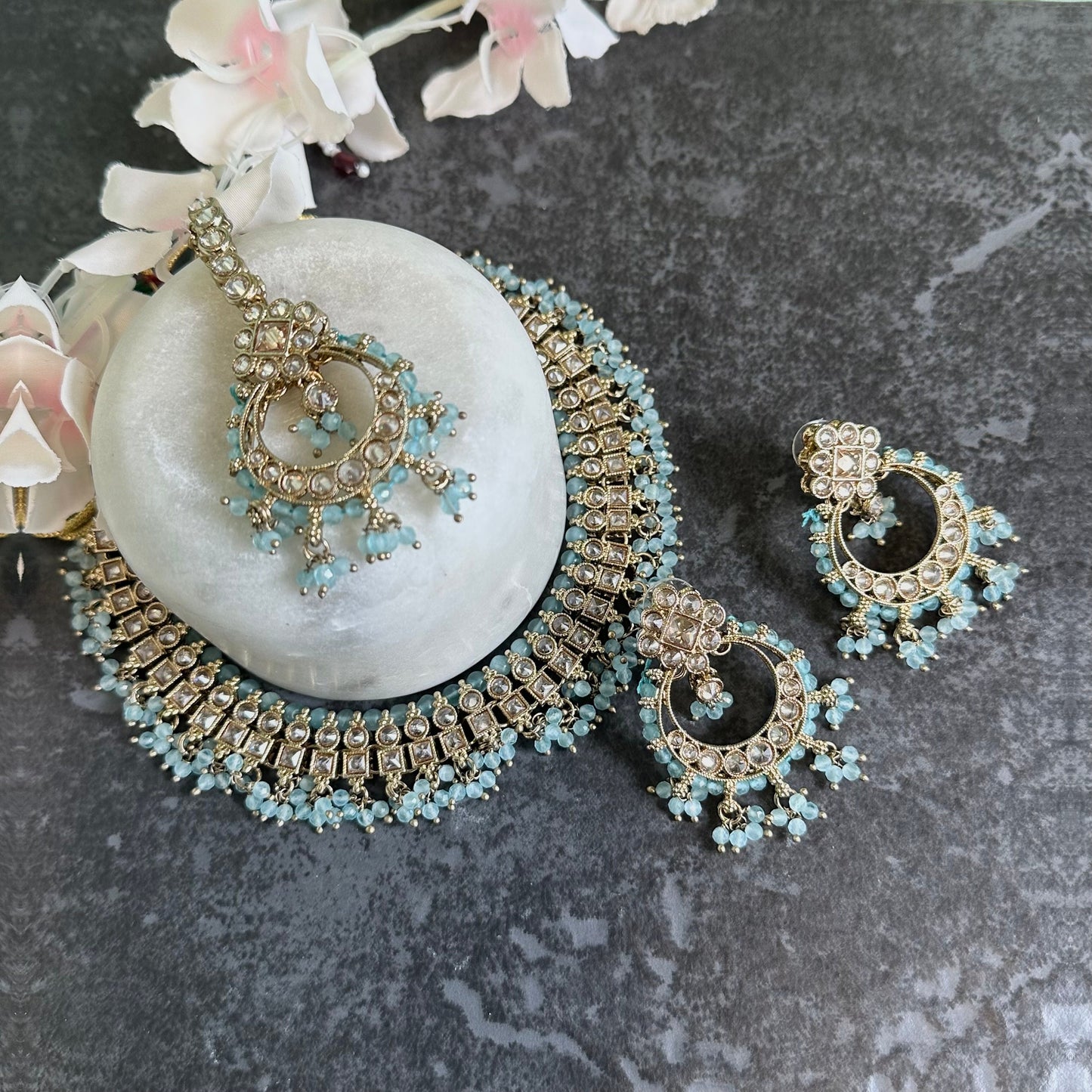 Crystal Indian Choker Set - Sky Blue/ Unique Style/ Indian/ Pakistani/Fashion Jewellery/ Gift for Women