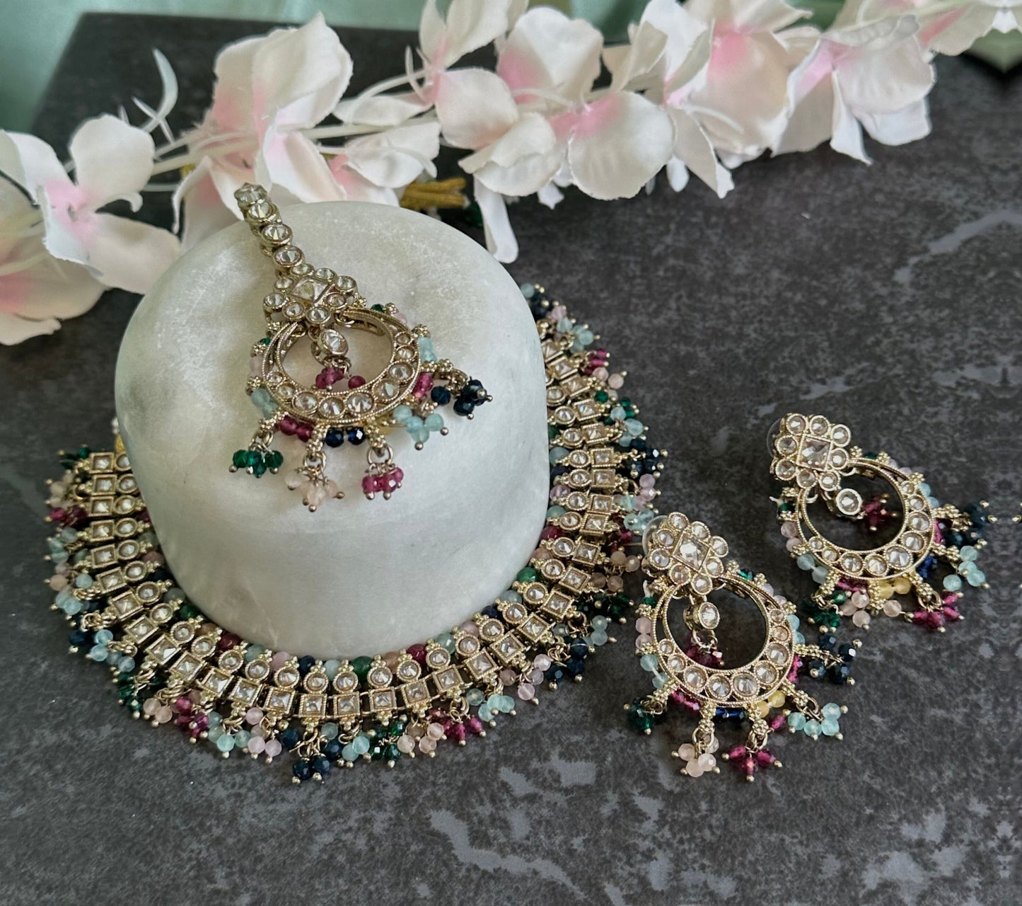 Multicolour Crystal Choker Set Earring/ Tikka/ Tikli/ Indian/ Pakistani/Fashion Jewellery/ Gift for Women