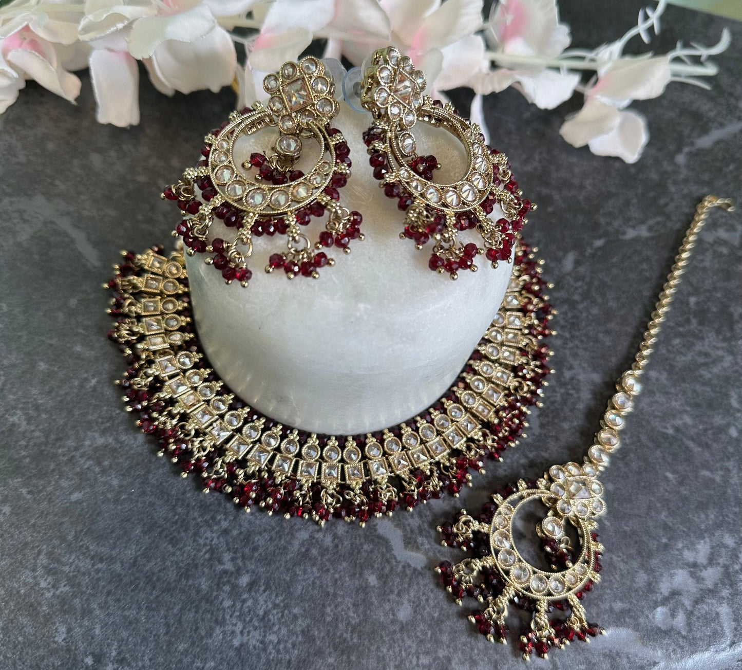 Maroon Crystal Choker Set Earring/ Tikka/ Tikli/ Indian/ Pakistani/Fashion Jewellery/ Gift for Women