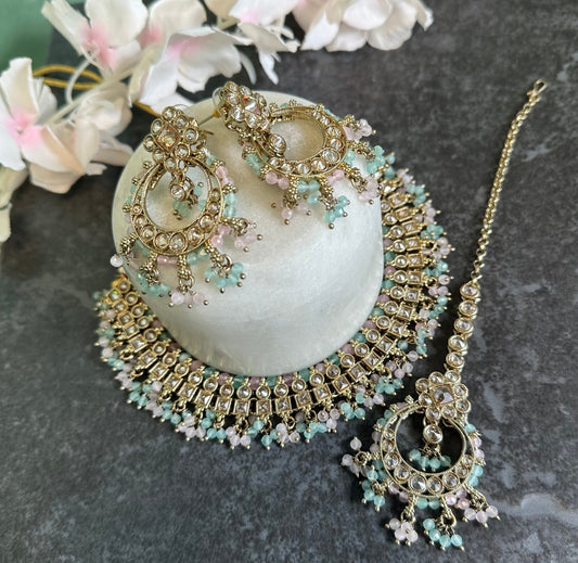 Pastels Crystal Choker Set Earring/ Tikka/ Tikli/ Indian/ Pakistani/Fashion Jewellery/ Gift for Women