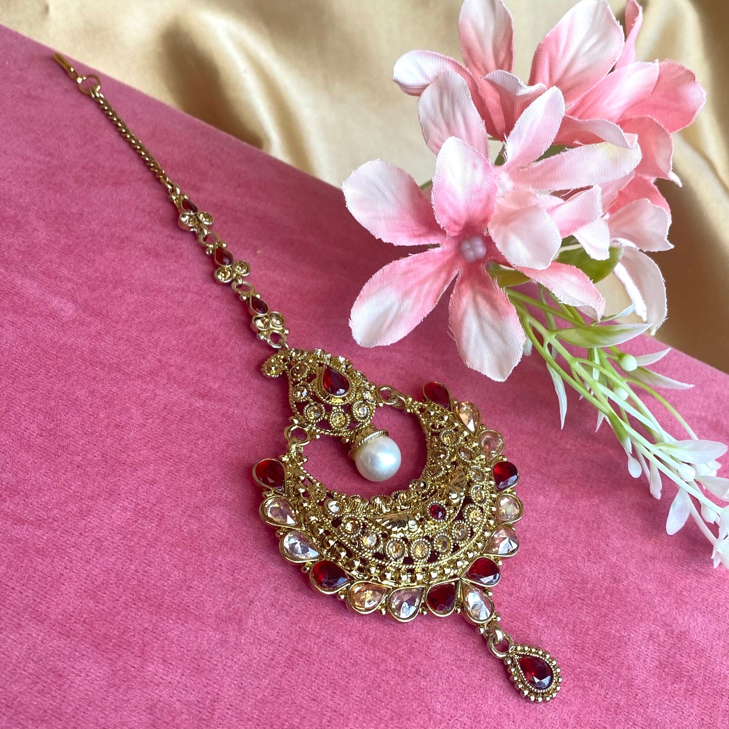 Large Maroon Tikka/ Tikli/ Indian/ Pakistani Fashion Jewellery/ Maang Tikkas