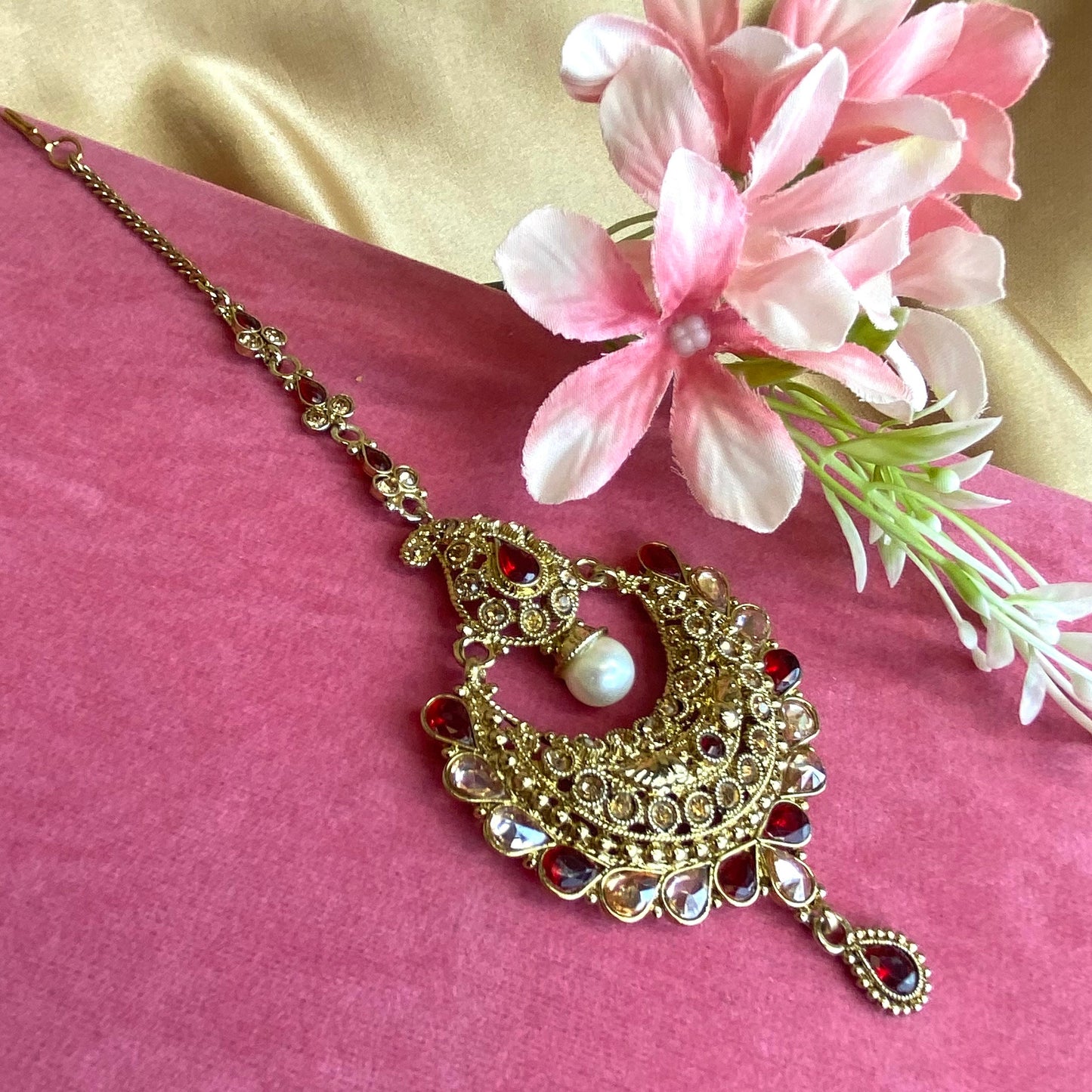 Large Maroon Tikka/ Tikli/ Indian/ Pakistani Fashion Jewellery/ Maang Tikkas