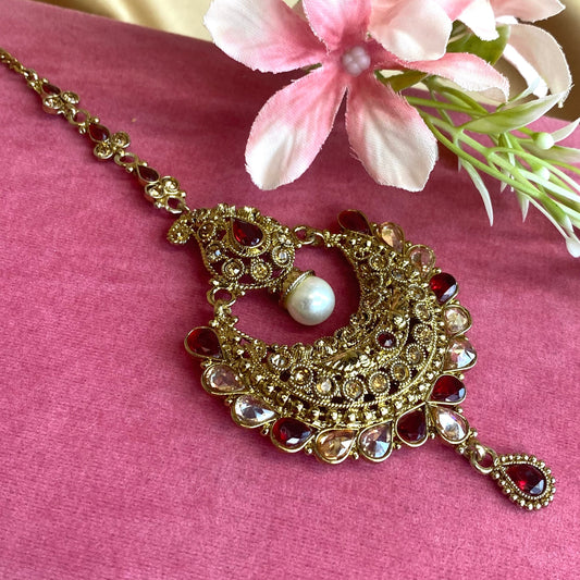Large Maroon Tikka/ Tikli/ Indian/ Pakistani Fashion Jewellery/ Maang Tikkas