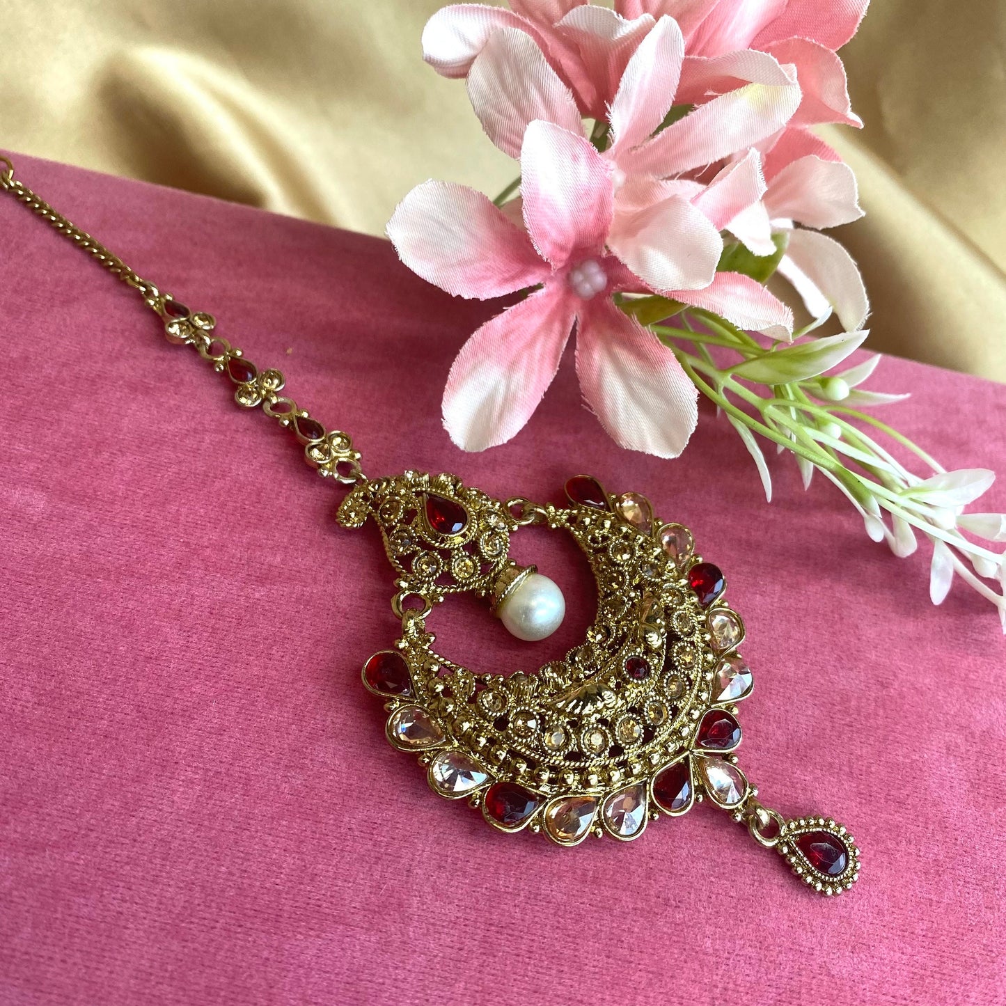 Large Maroon Tikka/ Tikli/ Indian/ Pakistani Fashion Jewellery/ Maang Tikkas