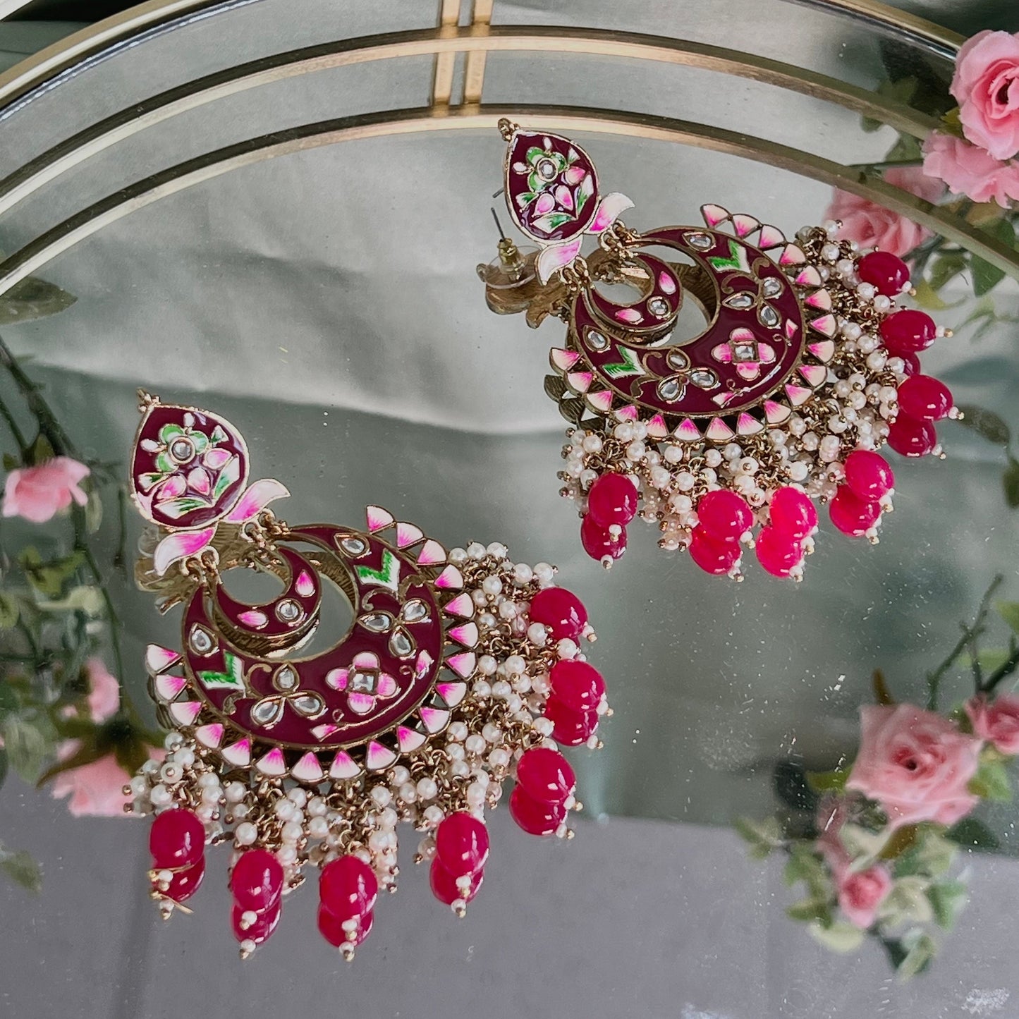 Large Ruby Hand Painted Earrings Indian Style Earring/ Pakistani Fashion/ Fashion Jewellery/ Gift for Women