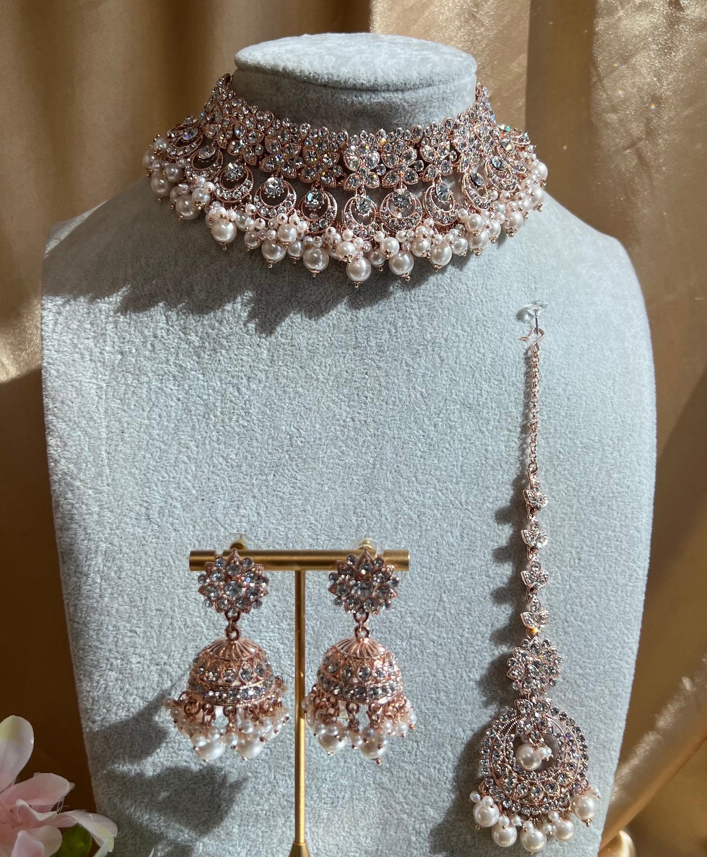 Rose Gold Choker Set /Light pink/Earring and Tikka/Indian/ Pakistani/Fashion Jewellery/