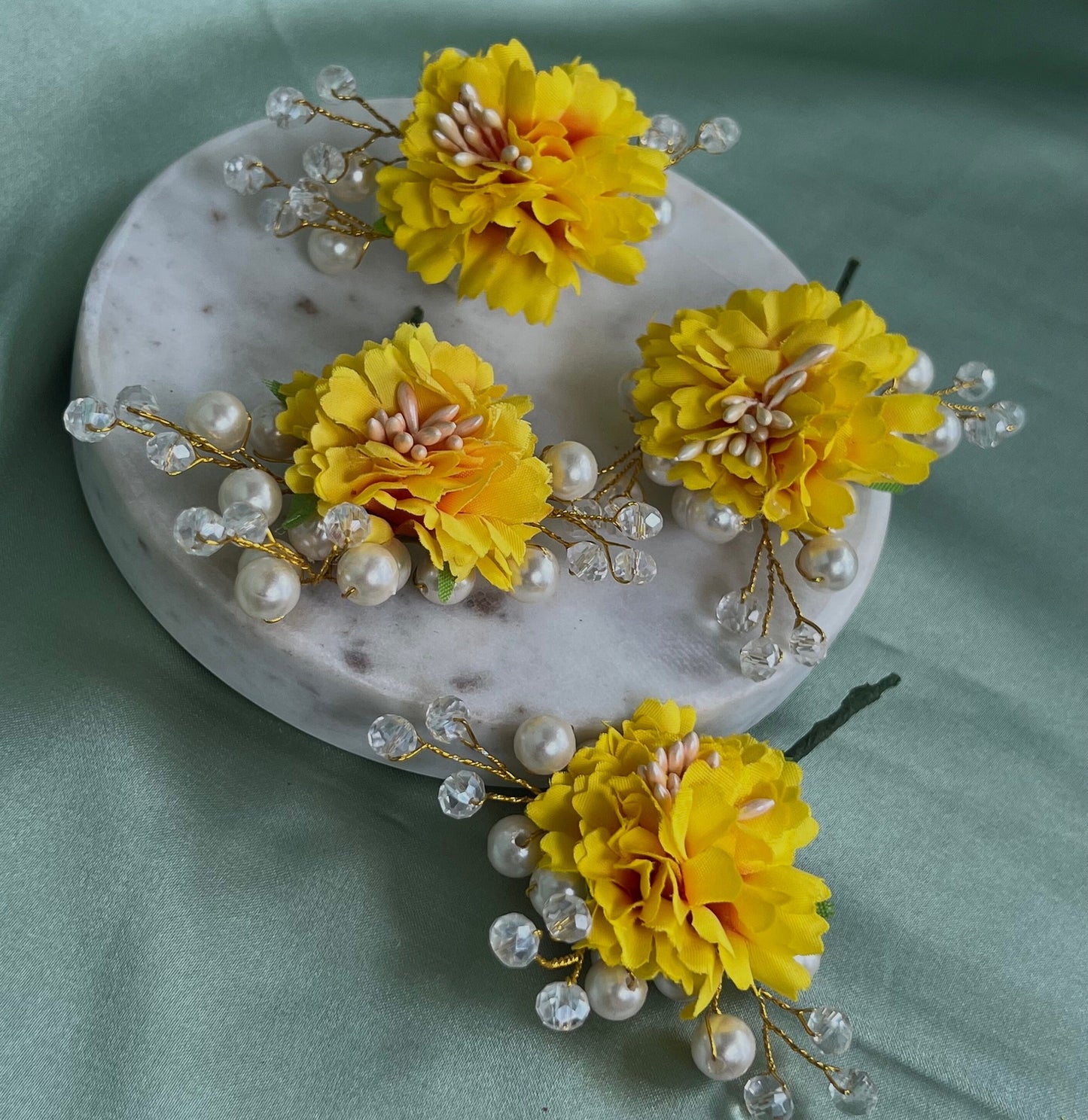 Hair Flower Accessory Pack of 4 - Yellow/ Unique Style/ Indian/ Pakistani/Fashion Jewellery/ Gift for Women