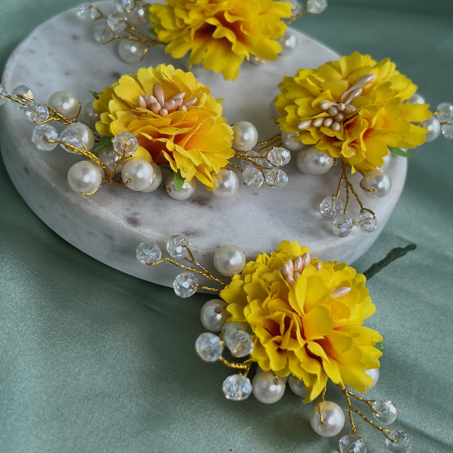 Hair Flower Accessory Pack of 4 - Yellow/ Unique Style/ Indian/ Pakistani/Fashion Jewellery/ Gift for Women