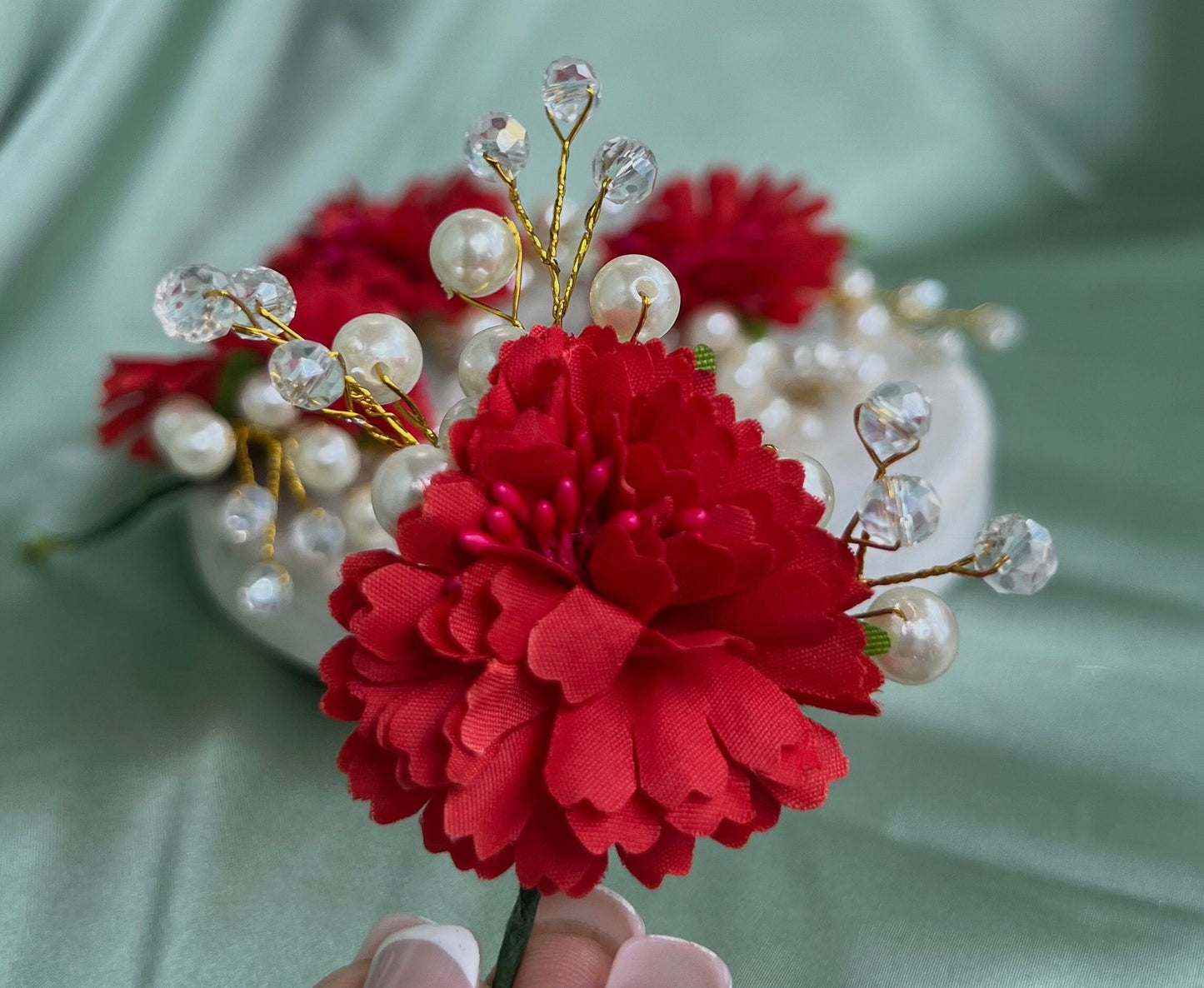 Hair Flower Hair Accessory Pack of 4 - Red/ Unique Style/ Indian/ Pakistani/Fashion Jewellery/ Gift for Women