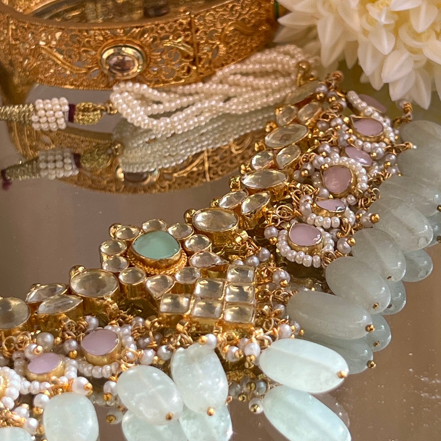 Pink/ Mint Faux Kundan Bright Gold Necklace Only/ Unique Style/ Indian/ Pakistani/Fashion Jewellery/ Gift for Women