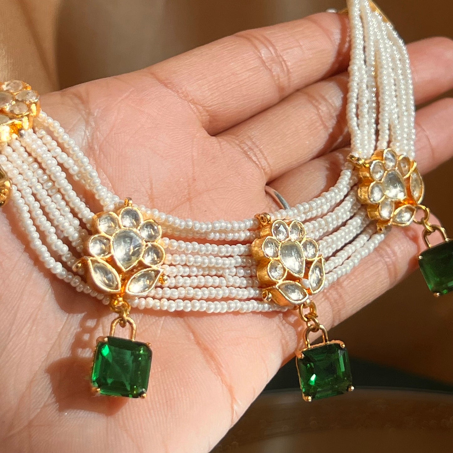 Green Real Kundan Bright Gold Choker Only High Quality Indian Pakistani Jewellery Pearl Fashion