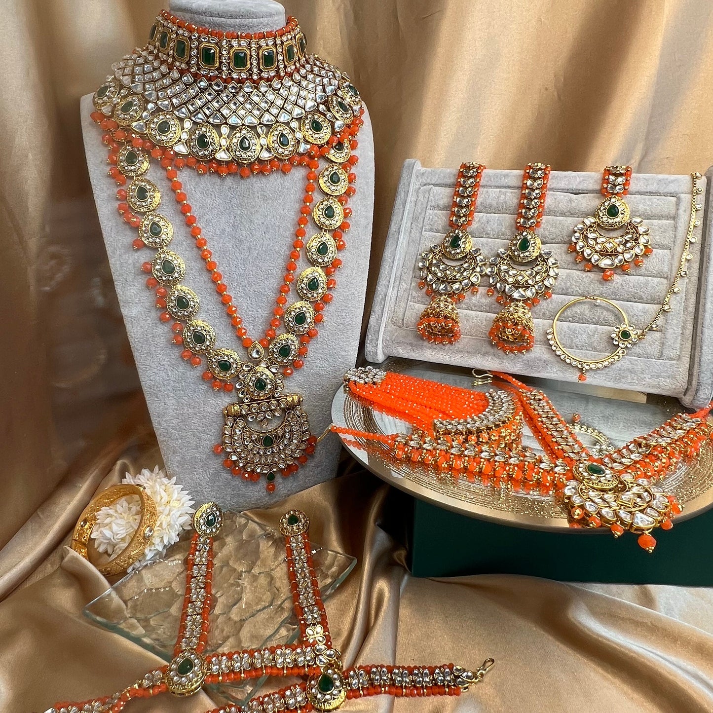 Faux Kundan Mendhi Colour Bridal Set/ Full Bridal Set/ Indian/ Pakistani Style/Necklace/ Choker/ Earring/ Tikka/ Mathapatti/Mala/Jhumar
