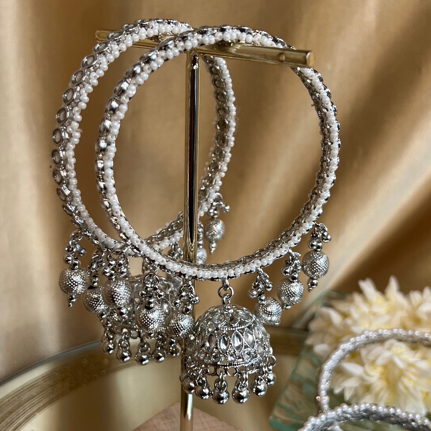 Silver Kundan Ball Jhumka Bangle Pair/Indian/ Pakistani/Jewelley/ Fashion Bracelet