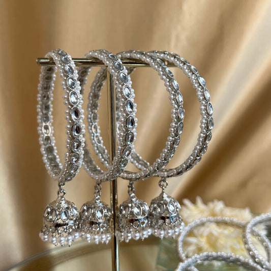 Silver Kundan Pearl Jhumka Bangle X 4/Indian/ Pakistani/Jewelley/ Fashion Bracelet