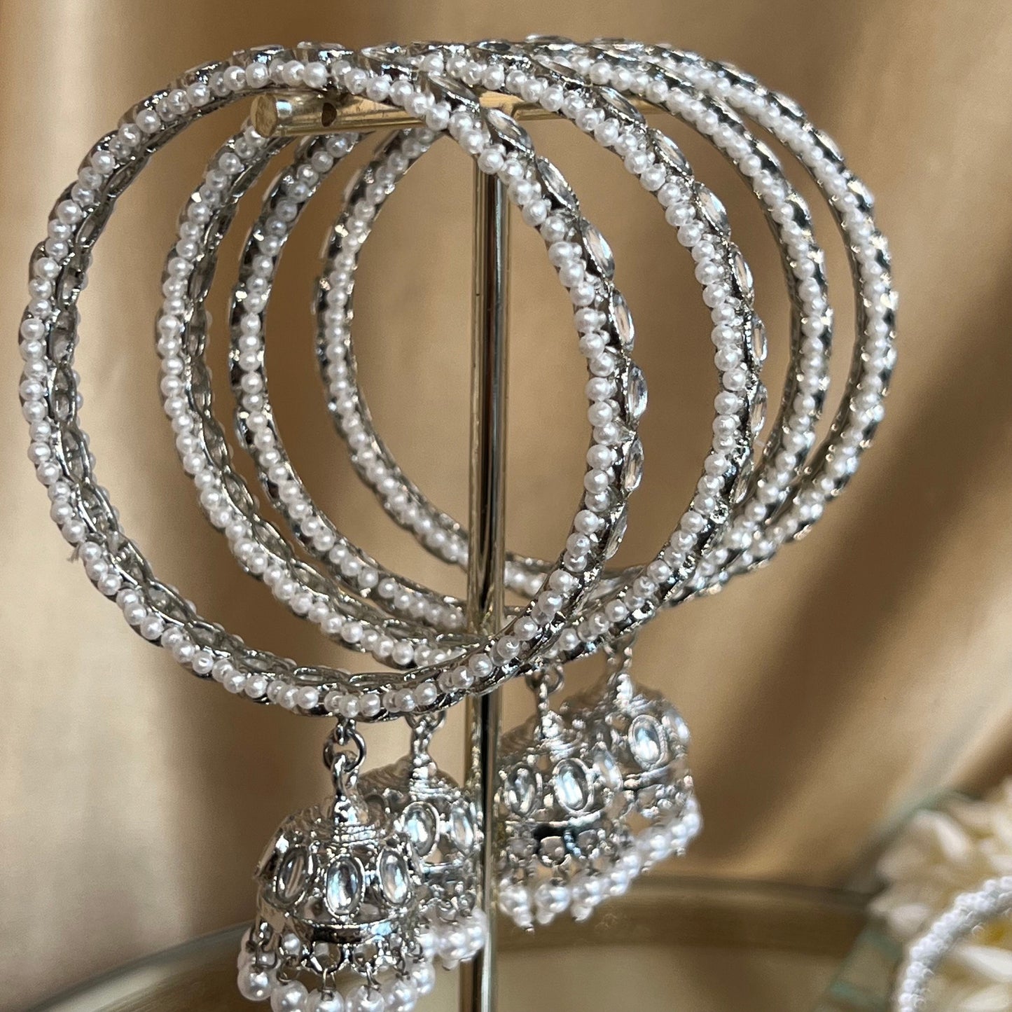 Silver Kundan Pearl Jhumka Bangle X 4/Indian/ Pakistani/Jewelley/ Fashion Bracelet