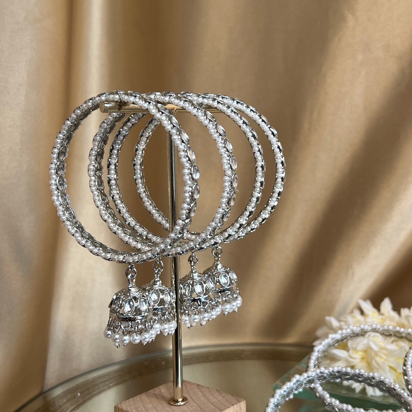 Silver Kundan Pearl Jhumka Bangle X 4/Indian/ Pakistani/Jewelley/ Fashion Bracelet