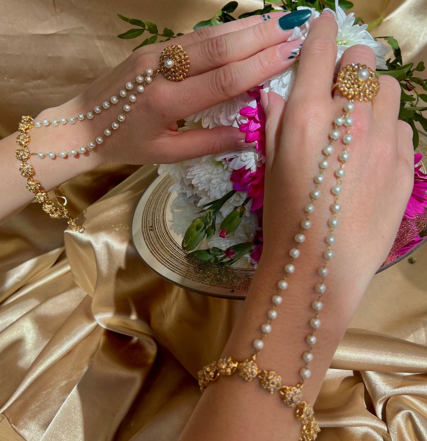 Golden Pearl Hand Harness/ Fashion Jewellery/ Gift for Women/Indian/Pakistani style /Haathphool/Hand Accessory