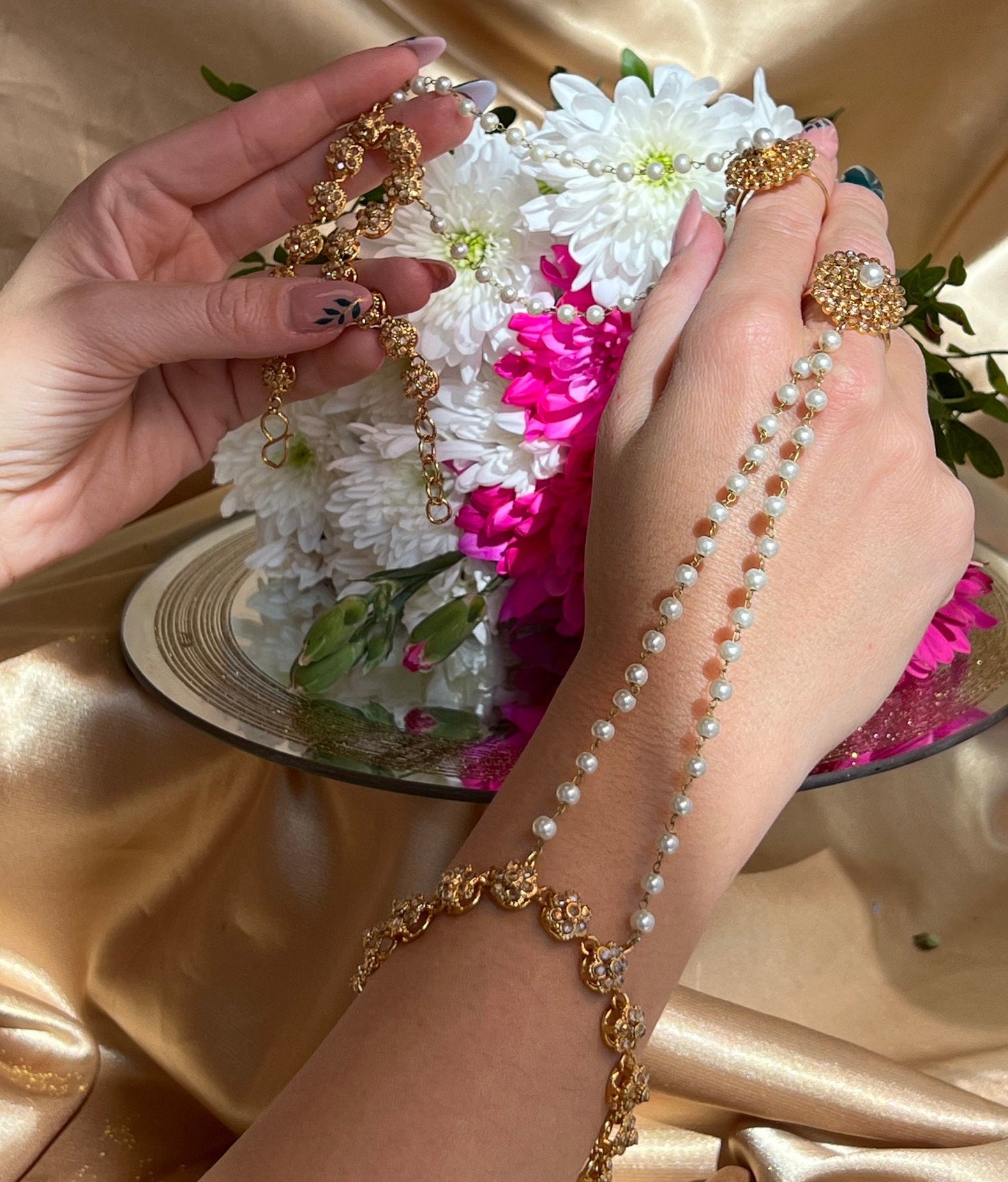 Golden Pearl Hand Harness/ Fashion Jewellery/ Gift for Women/Indian/Pakistani style /Haathphool/Hand Accessory
