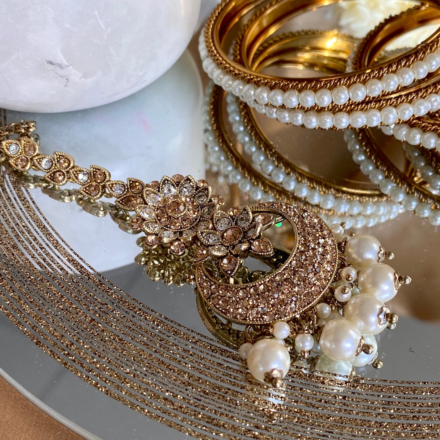 Golden/ Clear Choker Set/ Pearl/ Earring/Tikka/Indian/ Pakistani/Fashion Jewellery/