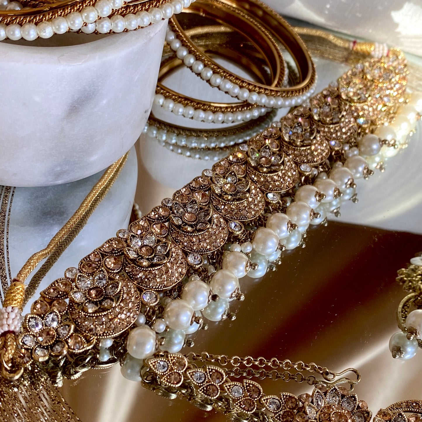 Golden/ Clear Choker Set/ Pearl/ Earring/Tikka/Indian/ Pakistani/Fashion Jewellery/