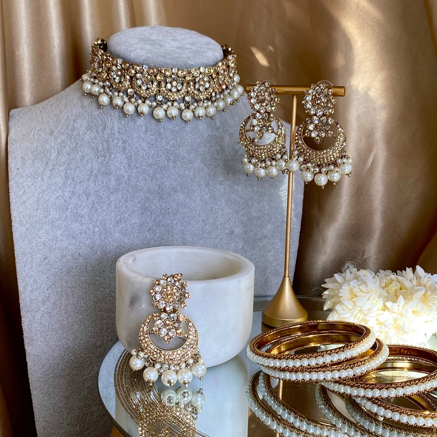 Golden/ Clear Choker Set/ Pearl/ Earring/Tikka/Indian/ Pakistani/Fashion Jewellery/