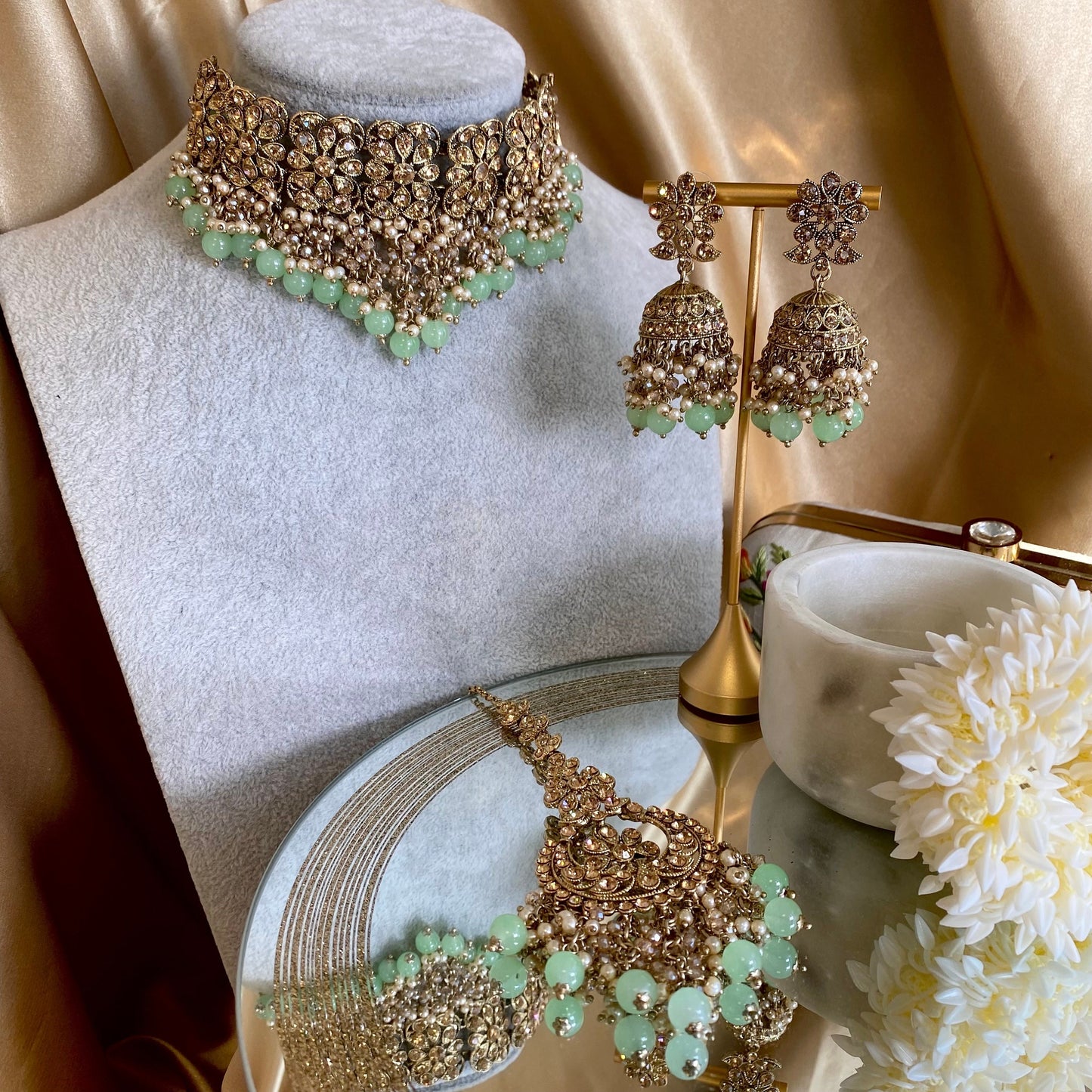 Mint Choker Set/ Light Green/ Earring/ Tikka/Indian/ Pakistani/Fashion Jewellery/