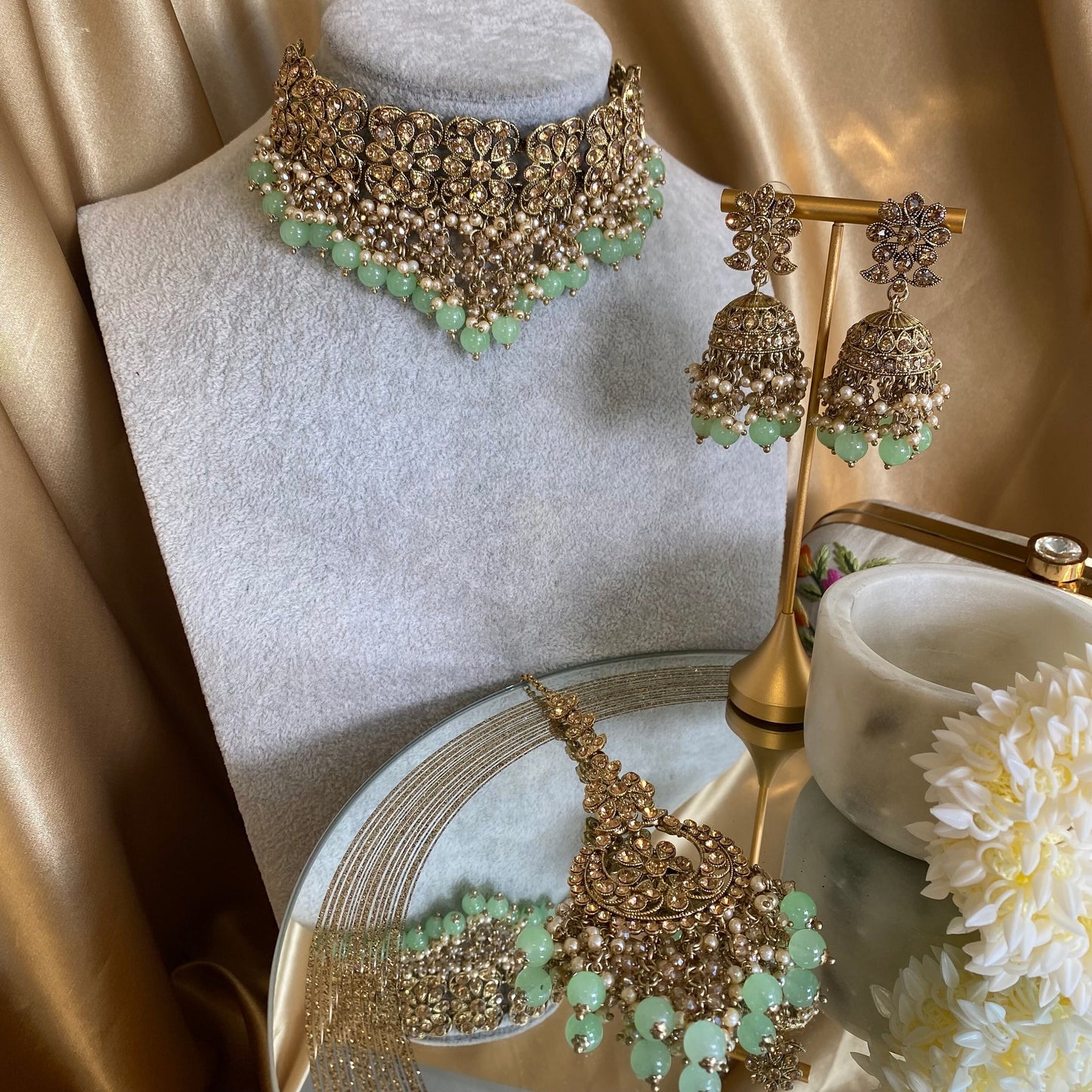 Mint Choker Set/ Light Green/ Earring/ Tikka/Indian/ Pakistani/Fashion Jewellery/