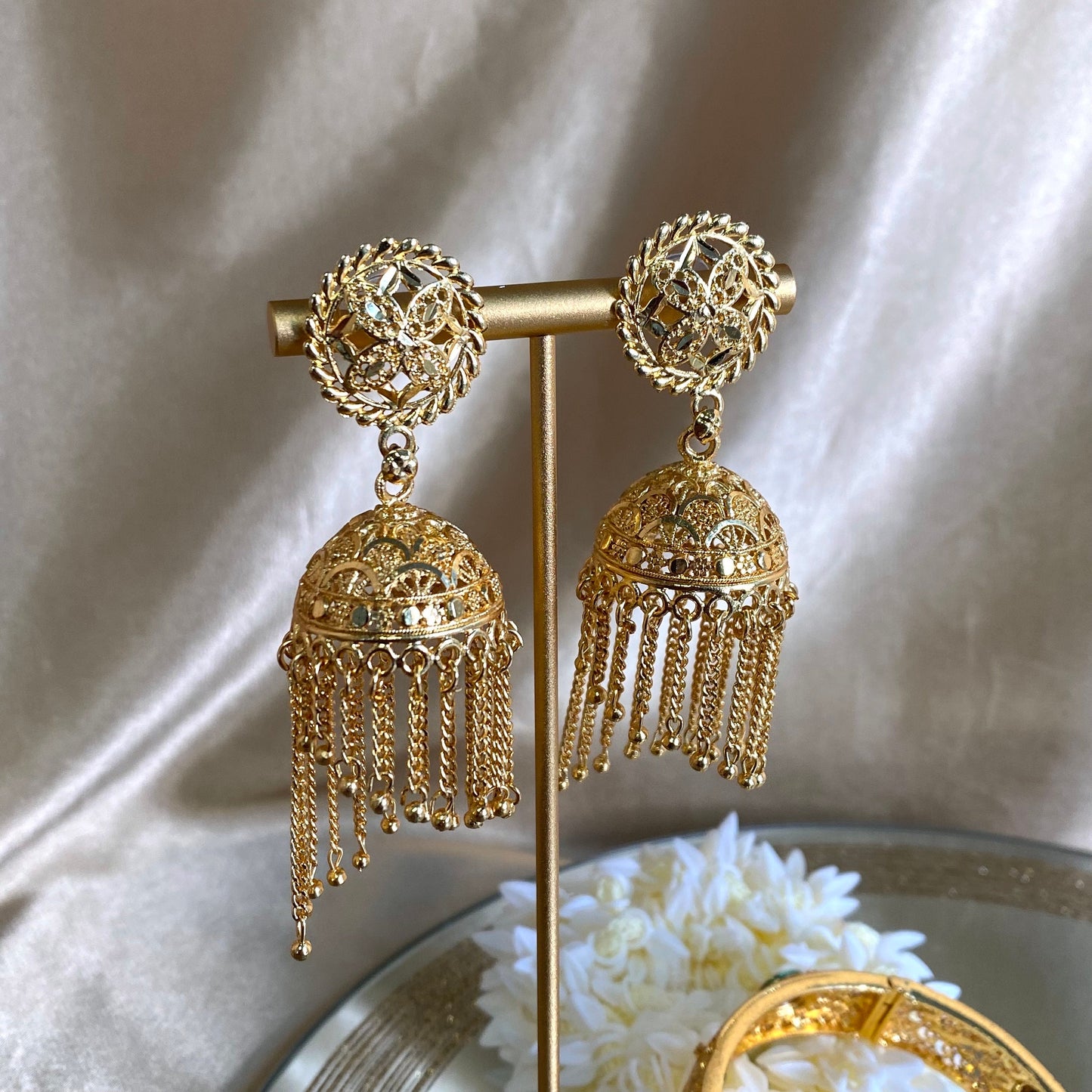 Bright Gold Tassel Jhumka Earrings/ Pierced Jhumki Earring/Indian/ Pakistani Style