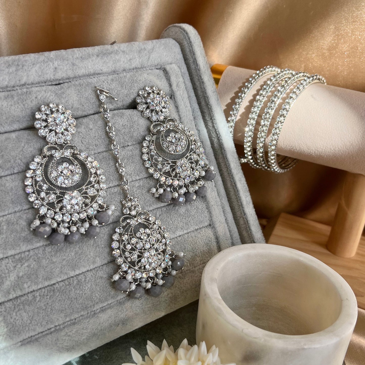 Grey/ Silver Earring and Tikka/ Tikli/ Indian/ Pakistani Fashion Jewellery