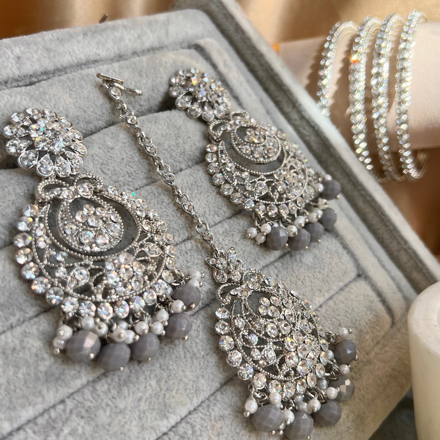 Grey/ Silver Earring and Tikka/ Tikli/ Indian/ Pakistani Fashion Jewellery