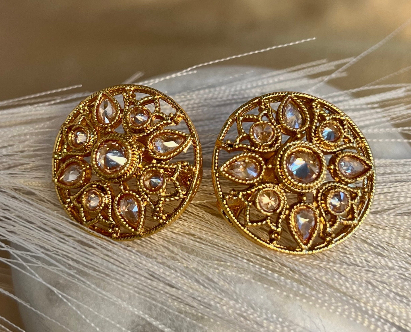 Pair of Bright Gold with crystals - Indian Asian Stud Earrings Tops