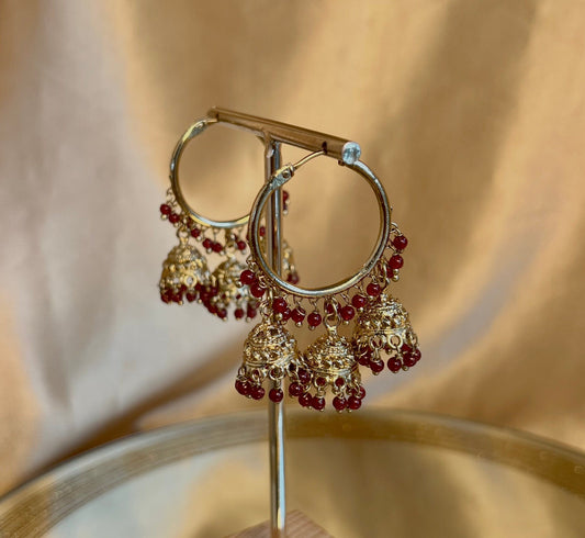 Dark Maroon Antique Gold Medium Jhumki - Hoops Indian Jhumka Style Earrings/Gifts for Women