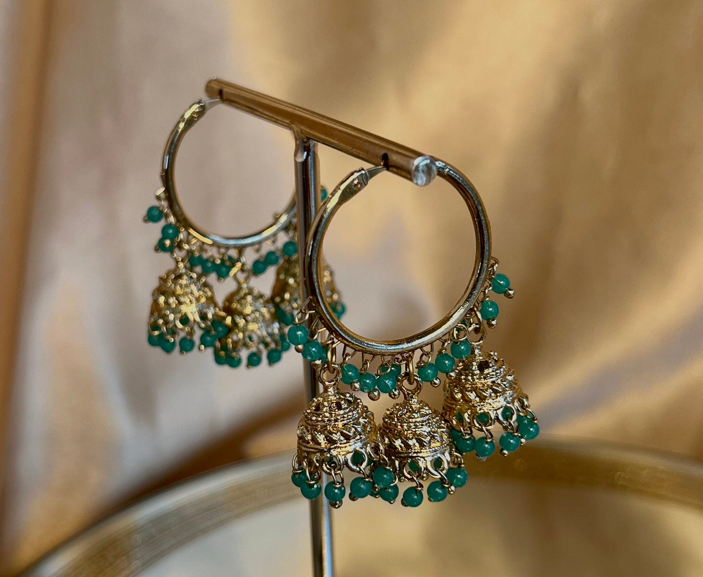 Green Antique Gold Medium Jhumki - Hoops Indian Style Earrings/Gifts for Women