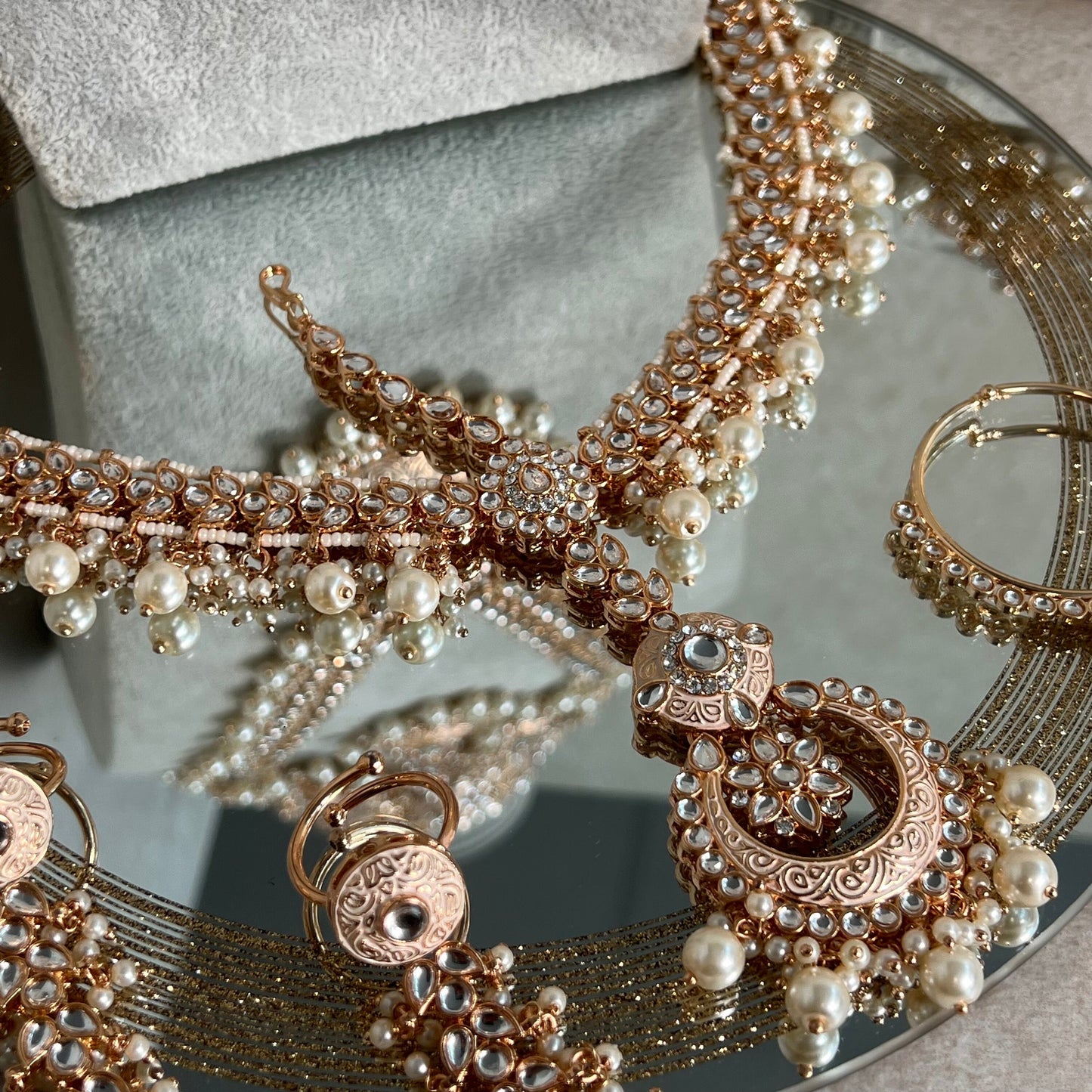 Rose Gold/Peach Full Faux Kundan Style Bridal Set/Indian/Pakistani Style/ Choker/ Earring/ Tikka/ Jhumar Passa/ Mathapatti/ Hand Harness.