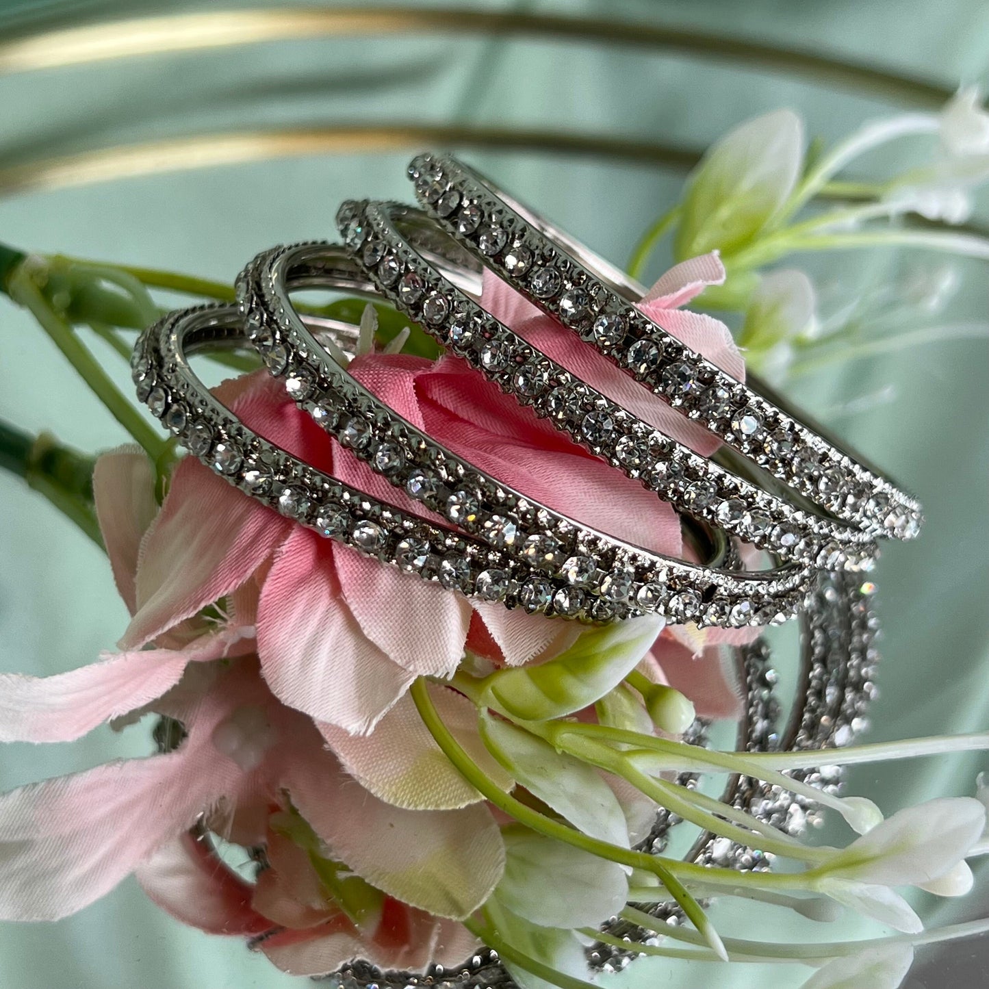Silver Rhinestone bangle Set of 4/Indian/ Pakistani/Jewelley/ Fashion Bracelet/ Extra Small