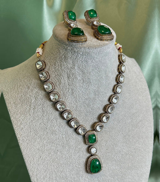 Emeralds Green Necklace Set/Sabyasachi Inspired Jewellery/Indian Jewellery/Bollywood Jewellery/Statement Set
